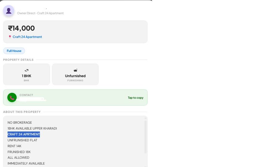 1 BHK flat for rent in Kharadi Pune — no brokerage owner direct